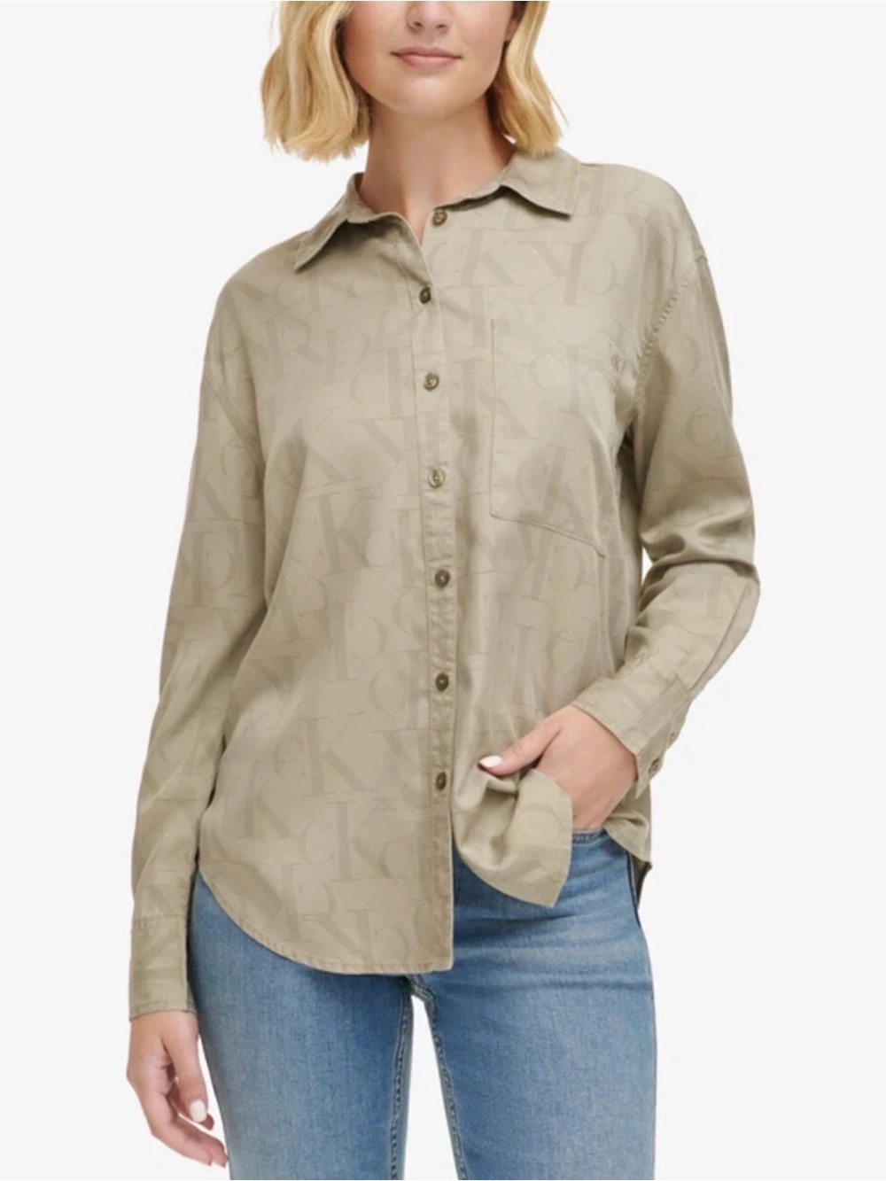 Calvin Klein Jeans Women’s XL Green Monogram Button-Up Shirt 100% Tencel NWT
